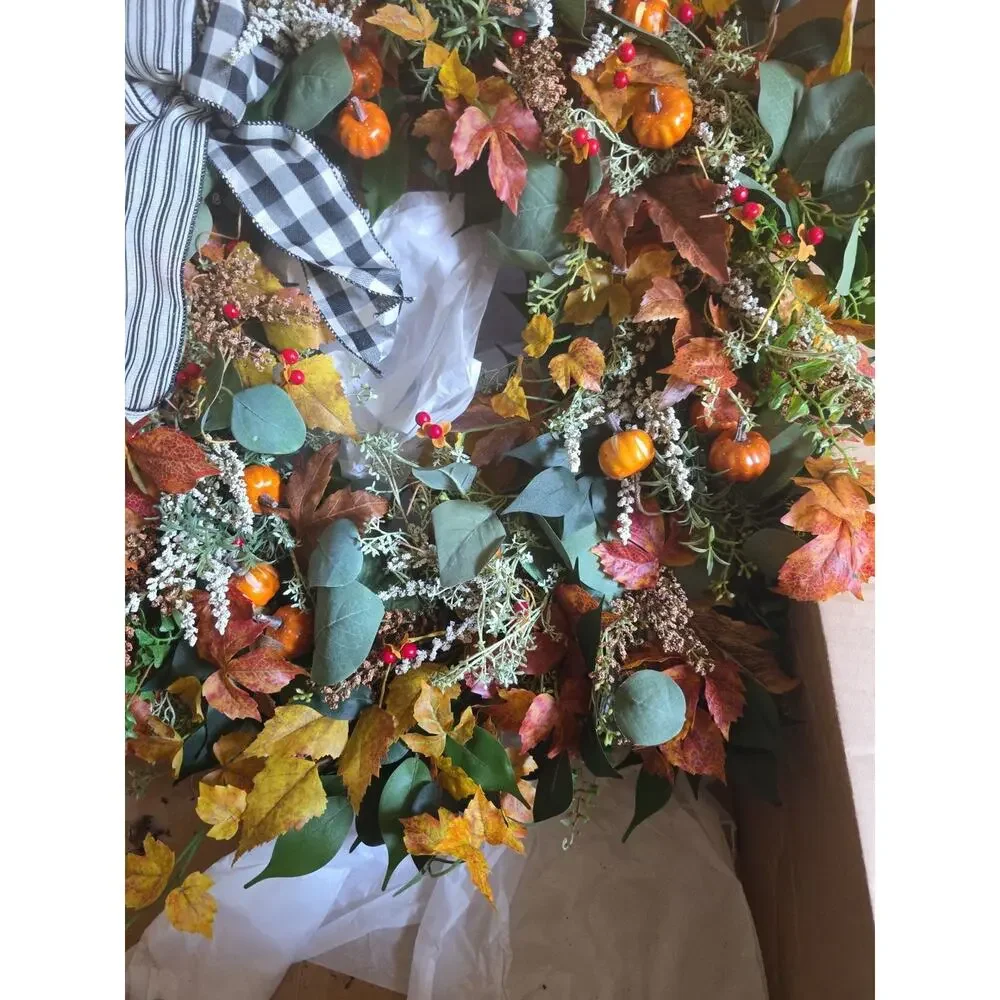 Handmade Autumn Fall Farmhouse Pumpkin Wreath Leaves Buffalo Plaid 26